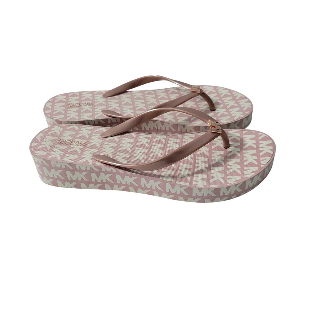 Michael Kors Pink Logo Flip Flops With Rose Gold Straps Size 11M 72626-2962